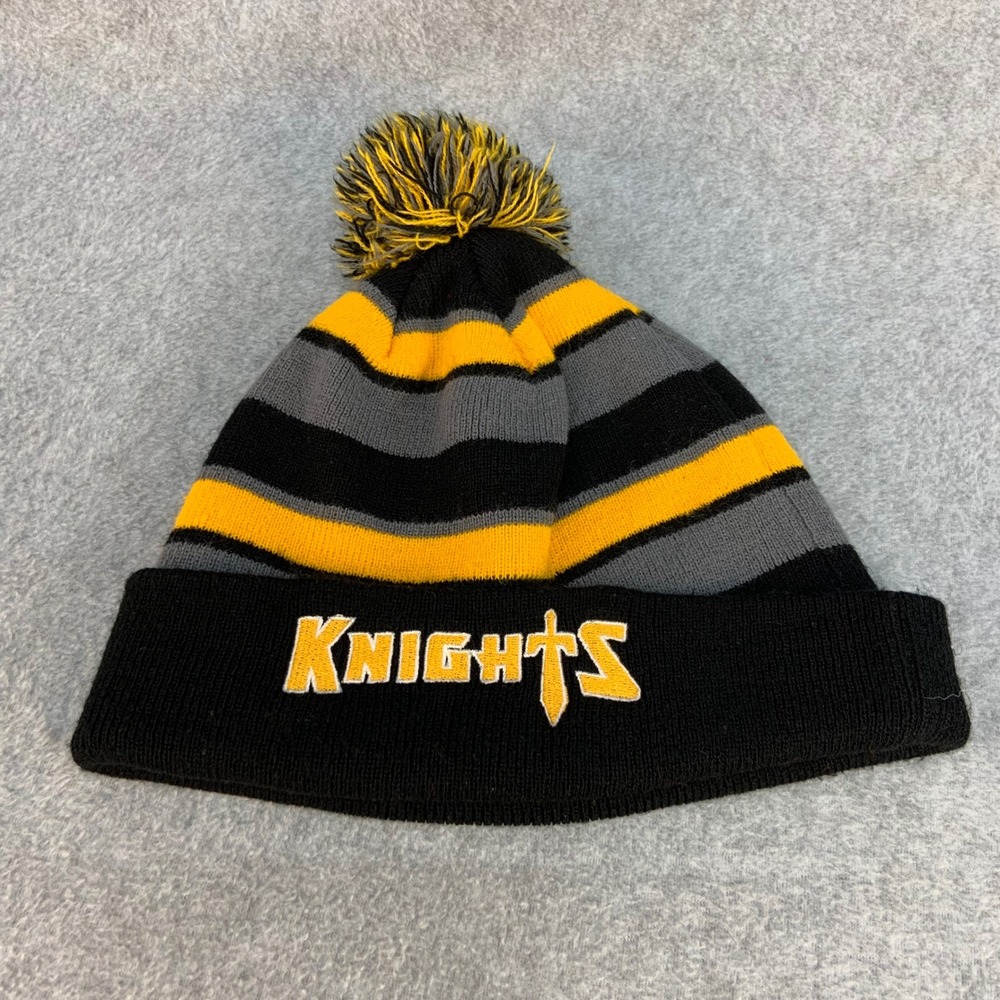 Knights Sword Logo Unisex Black Yellow Striped Knit Pom Beanie Hat OSFM